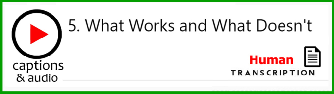 White button showing episode 05, What Works and What Doesn't, with human transcription. Published by Gavin Ruston