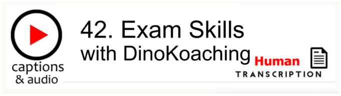 White button showing episode 42, Exam Skills, with human transcription. Published by Gavin Ruston